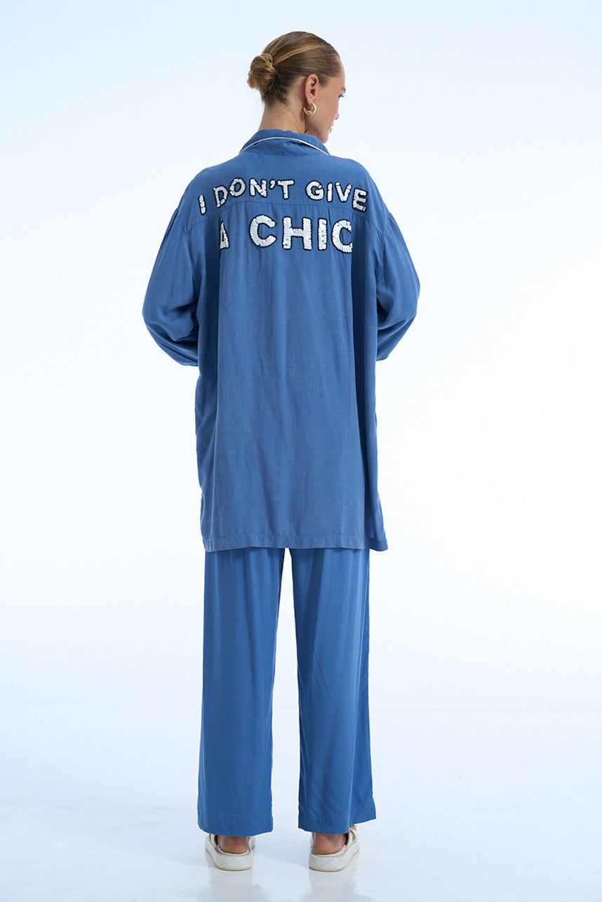 I DON'T GIVE A CHIC DENIM PRINT RAYON SATIN BIASA SHIRT AND PANTS SET