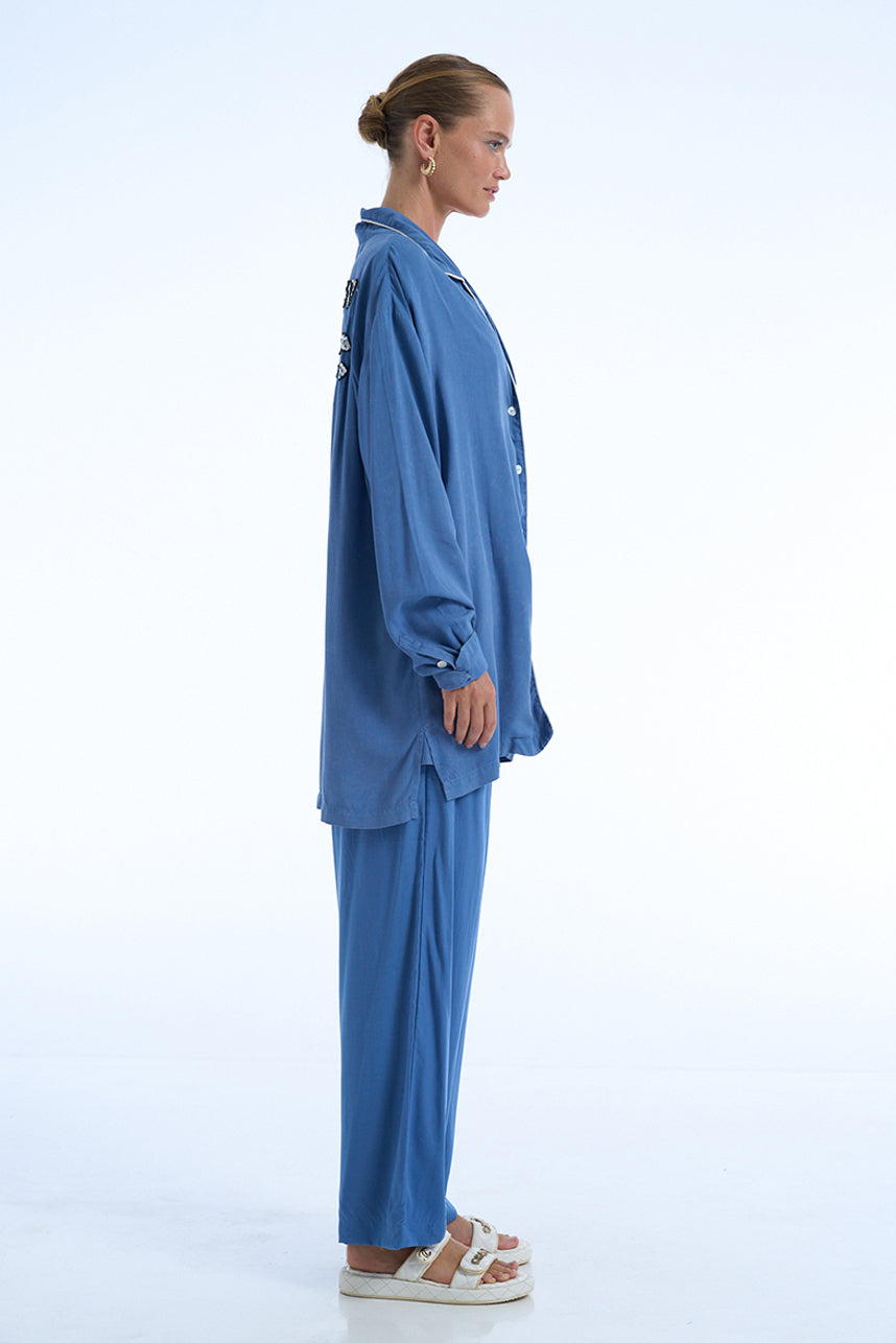 I DON'T GIVE A CHIC DENIM PRINT RAYON SATIN BIASA SHIRT AND PANTS SET