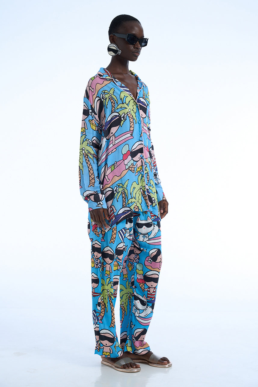 KARLETTO SURF RAYON SATIN BATISTE SHIRT AND PANTS SET