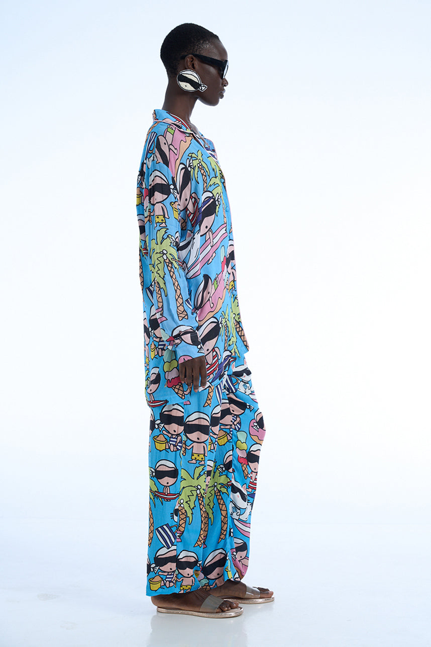 KARLETTO SURF RAYON SATIN BATISTE SHIRT AND PANTS SET