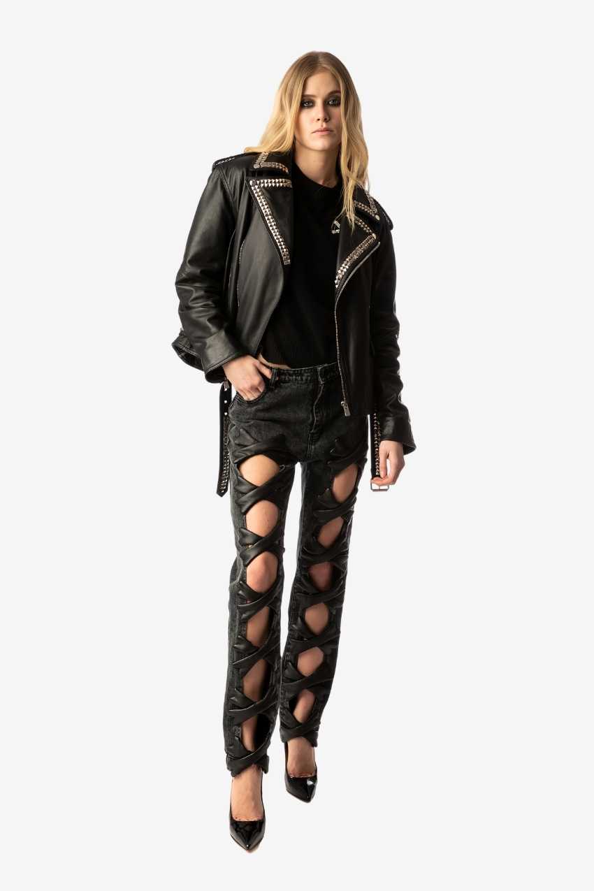 I DON&#39;T GIVE A CHIC Studded Leather Jacket