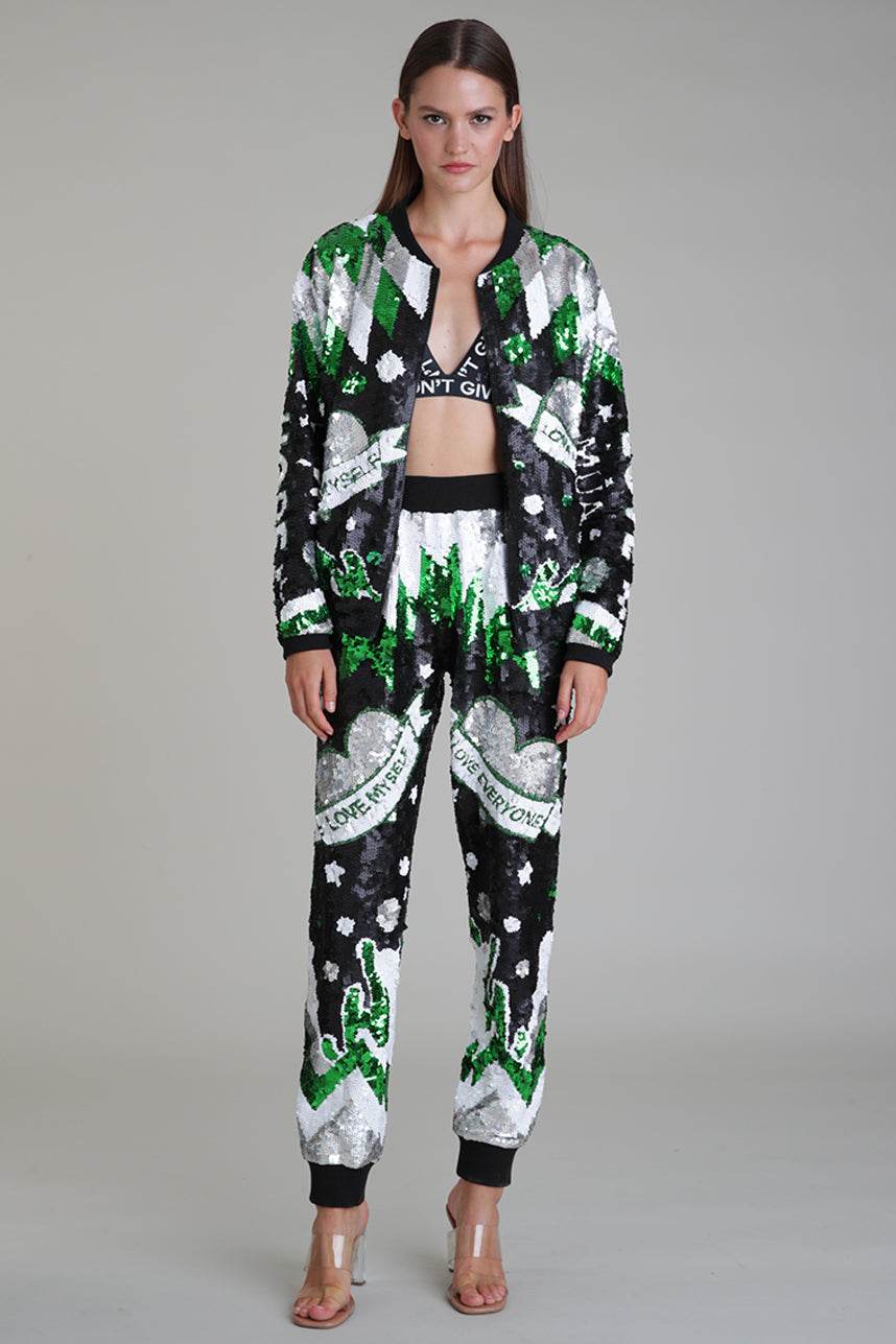 Love Everyone Green Sequin Bomber Jacket