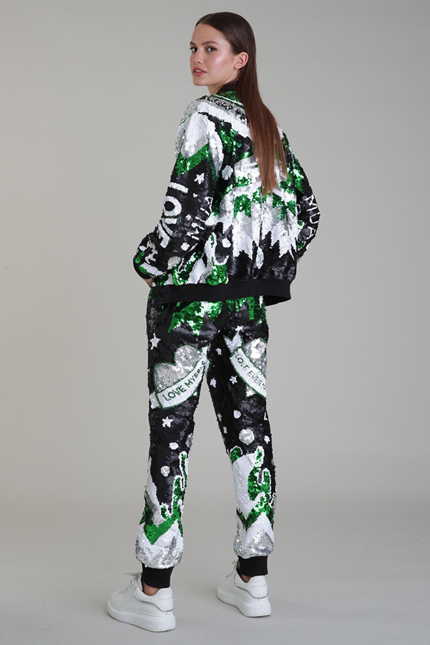 Love Everyone Green Sequin Bomber Jacket