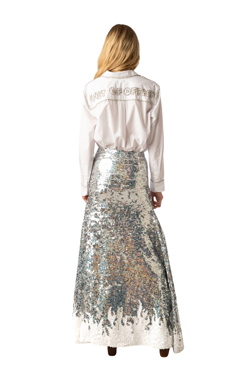 Silver Flame Sequin Long Skirt