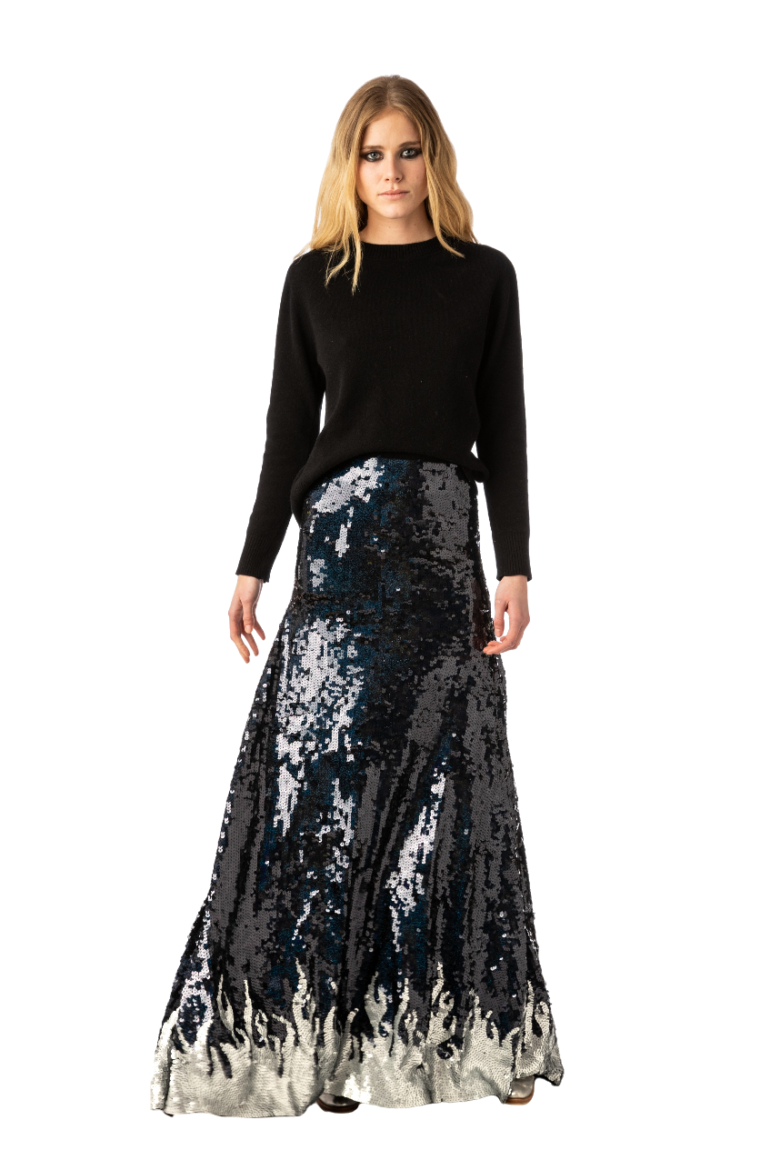 Indigo Flame Sequin Long Skirt