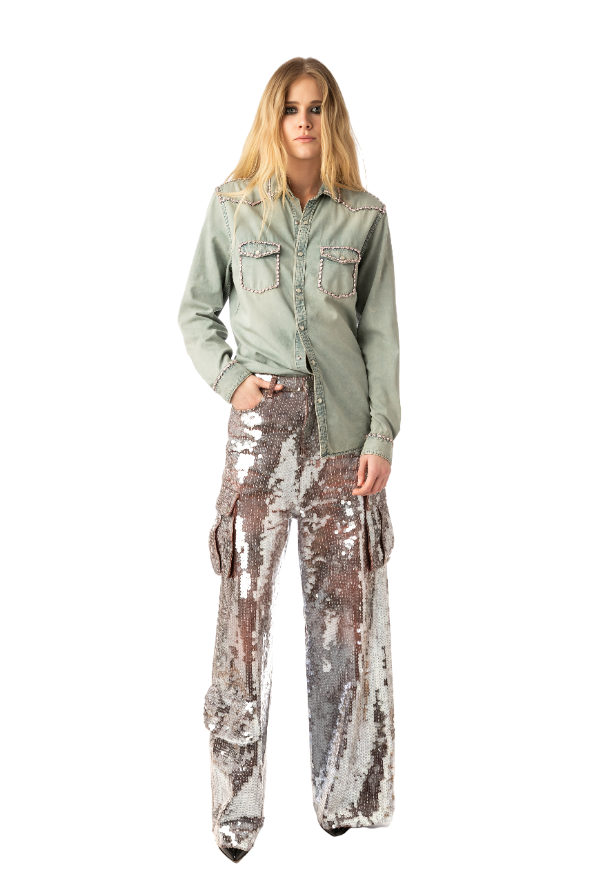 Full Sequin Wide Leg Cargo Denim Pants