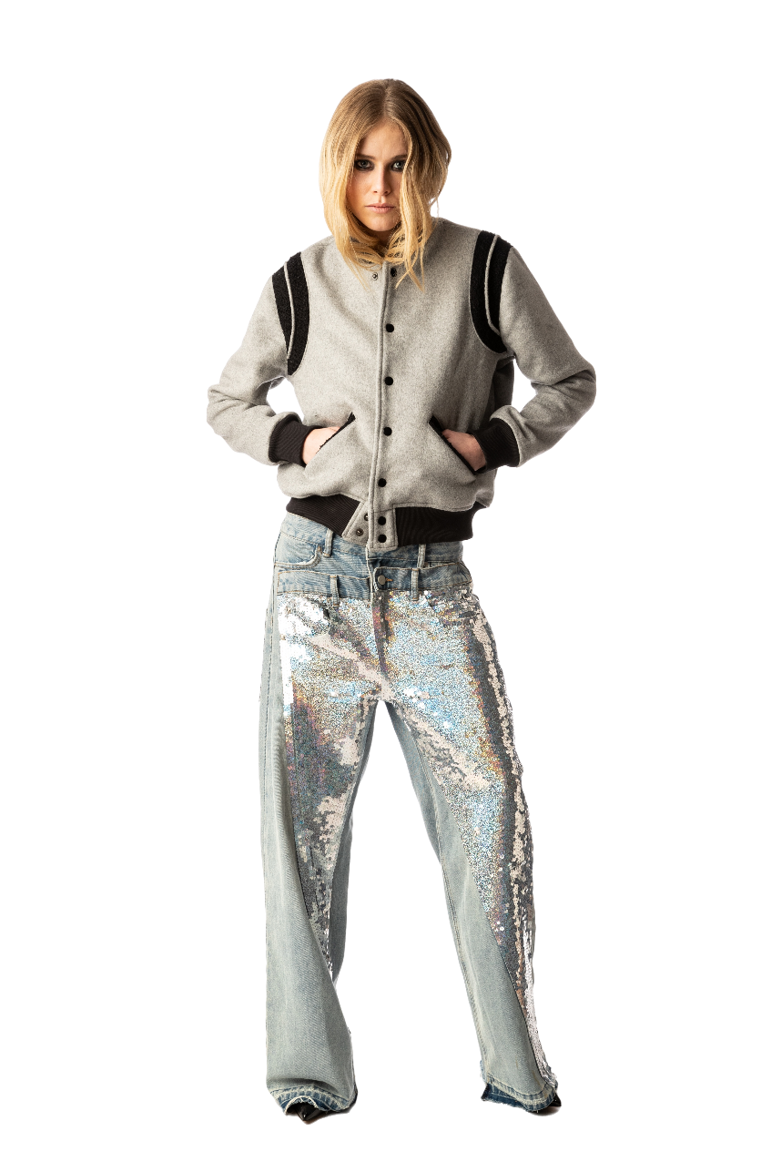 Silver Sequins Slant Washed Jeans