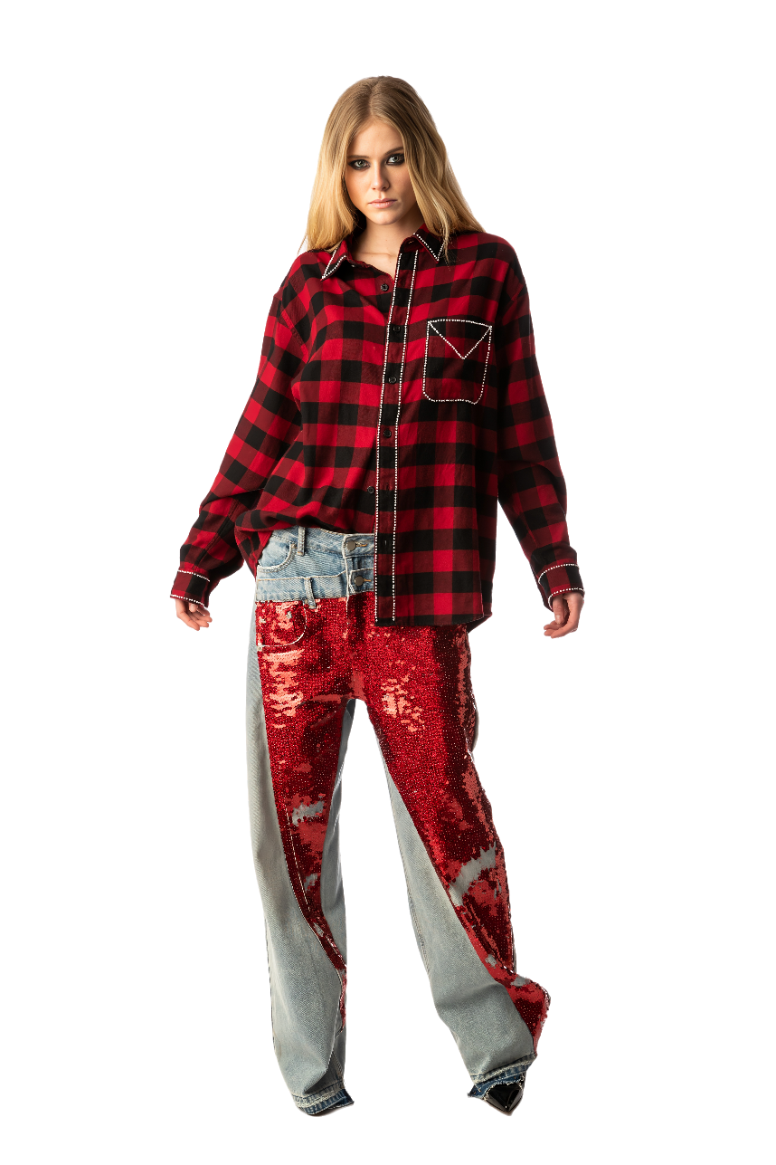 Red Sequin Slant Washed Jeans