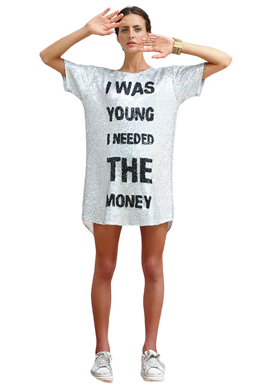 I Was Young I Needed The Money Sequin Mesh Maxi Tee Dress