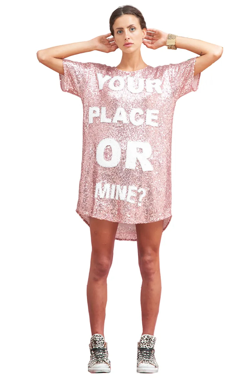 Your Place Or Mine Sequin Mesh Maxi Tee Dress