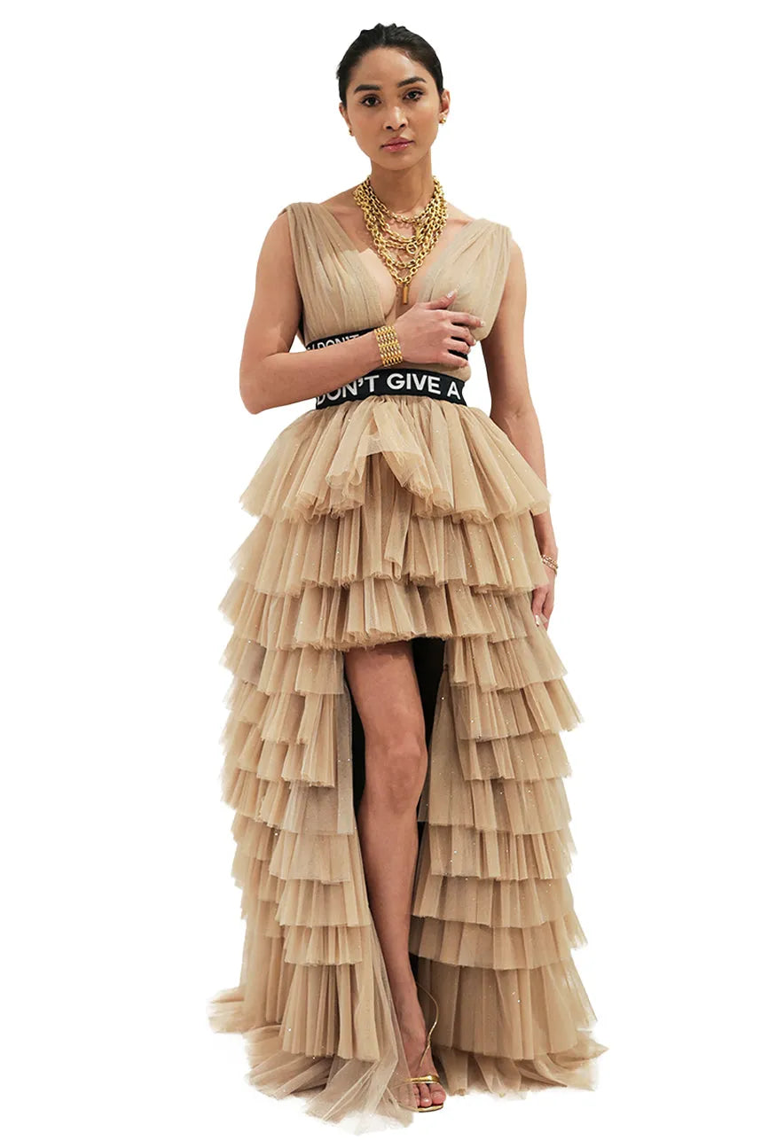 Pleated Tulle HiLow Ruffle Dress