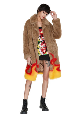 Rockabilly Flames Faux Fur Midi Coat - OS / Brown