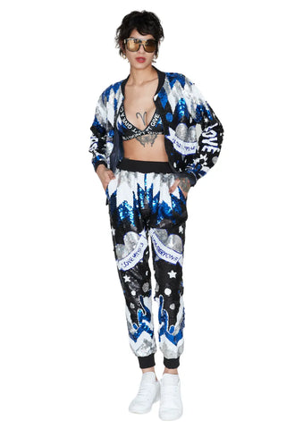 Love Everyone Blue Sequin Runner Pants - XS / Blue