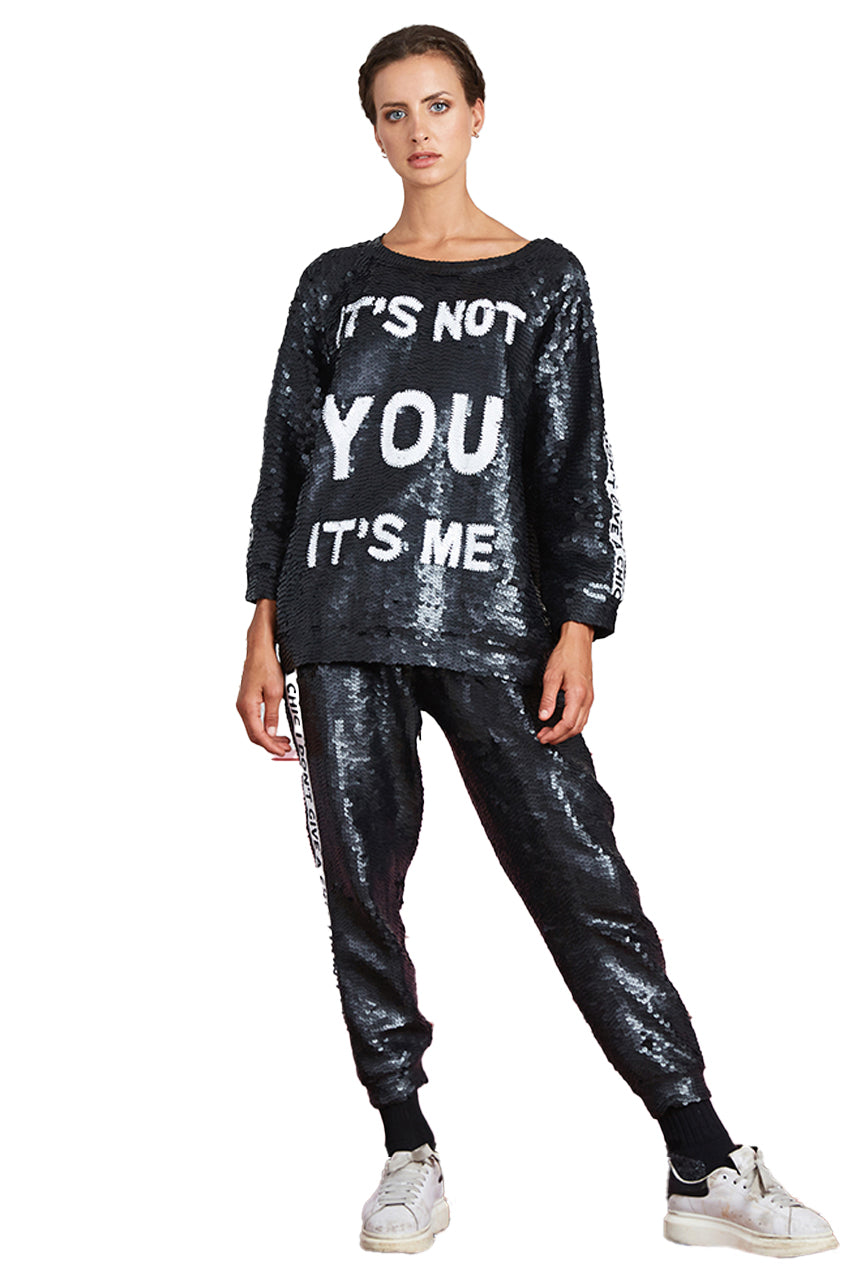 I Don't Give a Chic Sequin Runner Pants-Pre Order