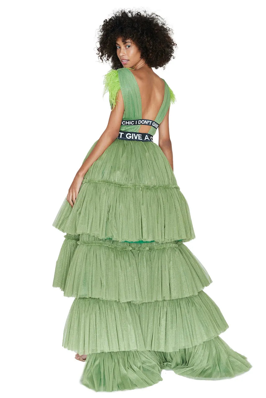Pleated Tulle HiLow Ruffle Dress