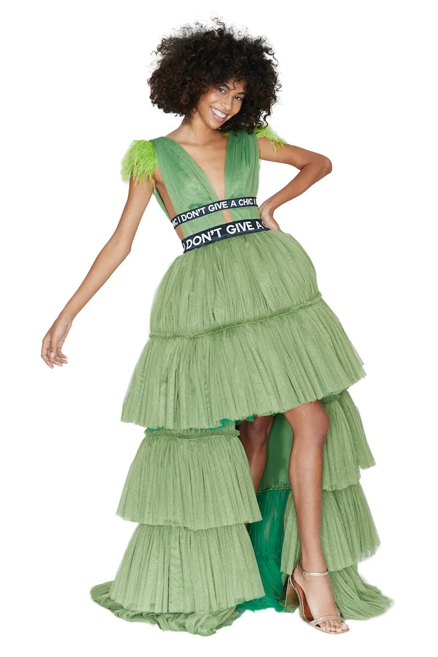 Pleated Tulle HiLow Ruffle Dress