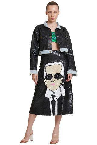 Full Embroidered Black Sequin Cropped Denim Jacket - XS / Black