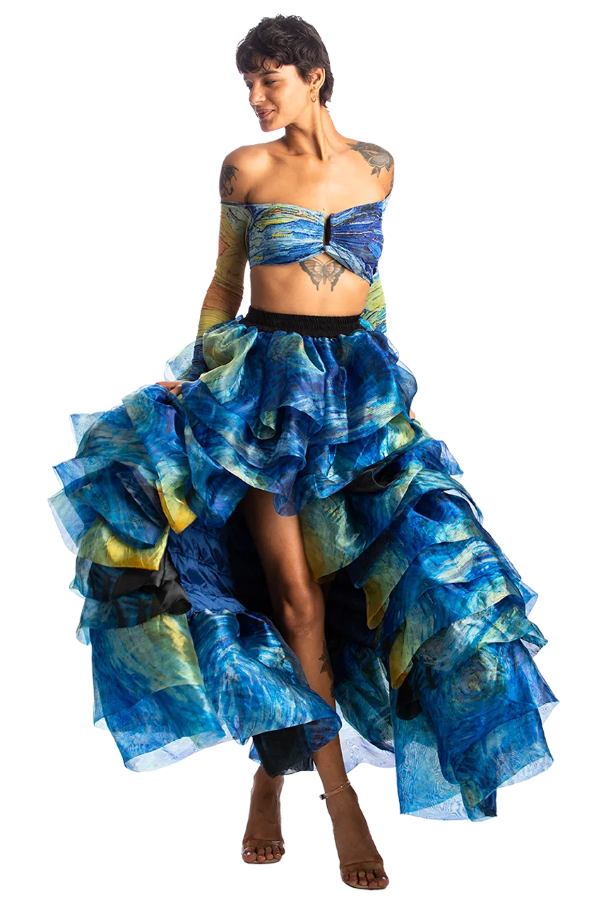 Starry Night Silk Organza High Low Ruffle Skirt