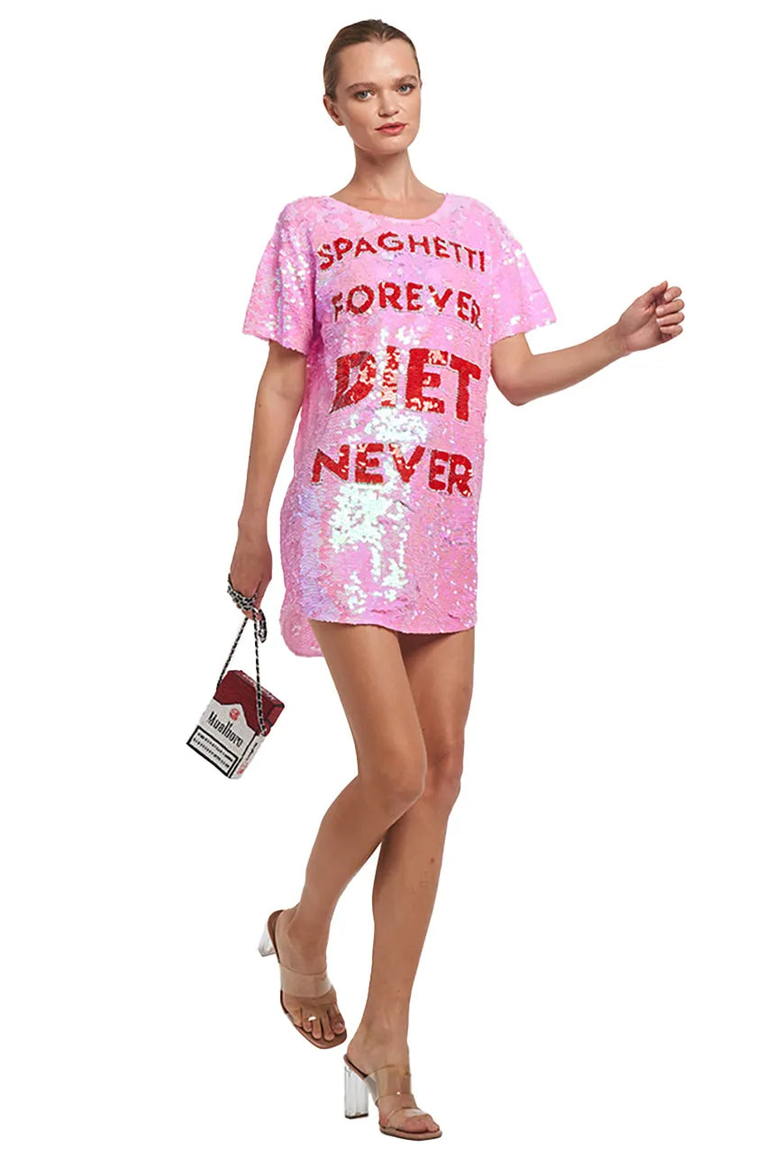 Spaghetti Forever Diet Never Sequin Maxi Tee Dress