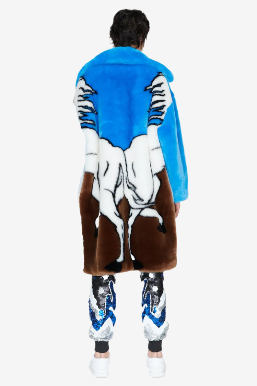 Blue Horses Faux Fur Midi Coat