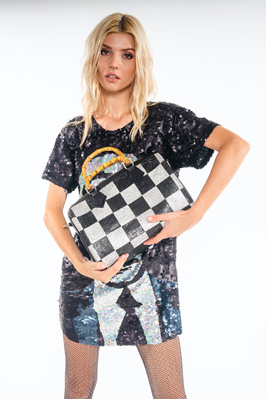 GLASS RHINESTONE CHECK DUFFLE BAG