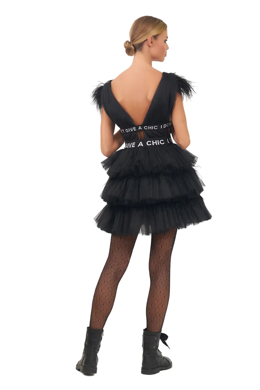 Tulle Ruffle Mini Dress In Black