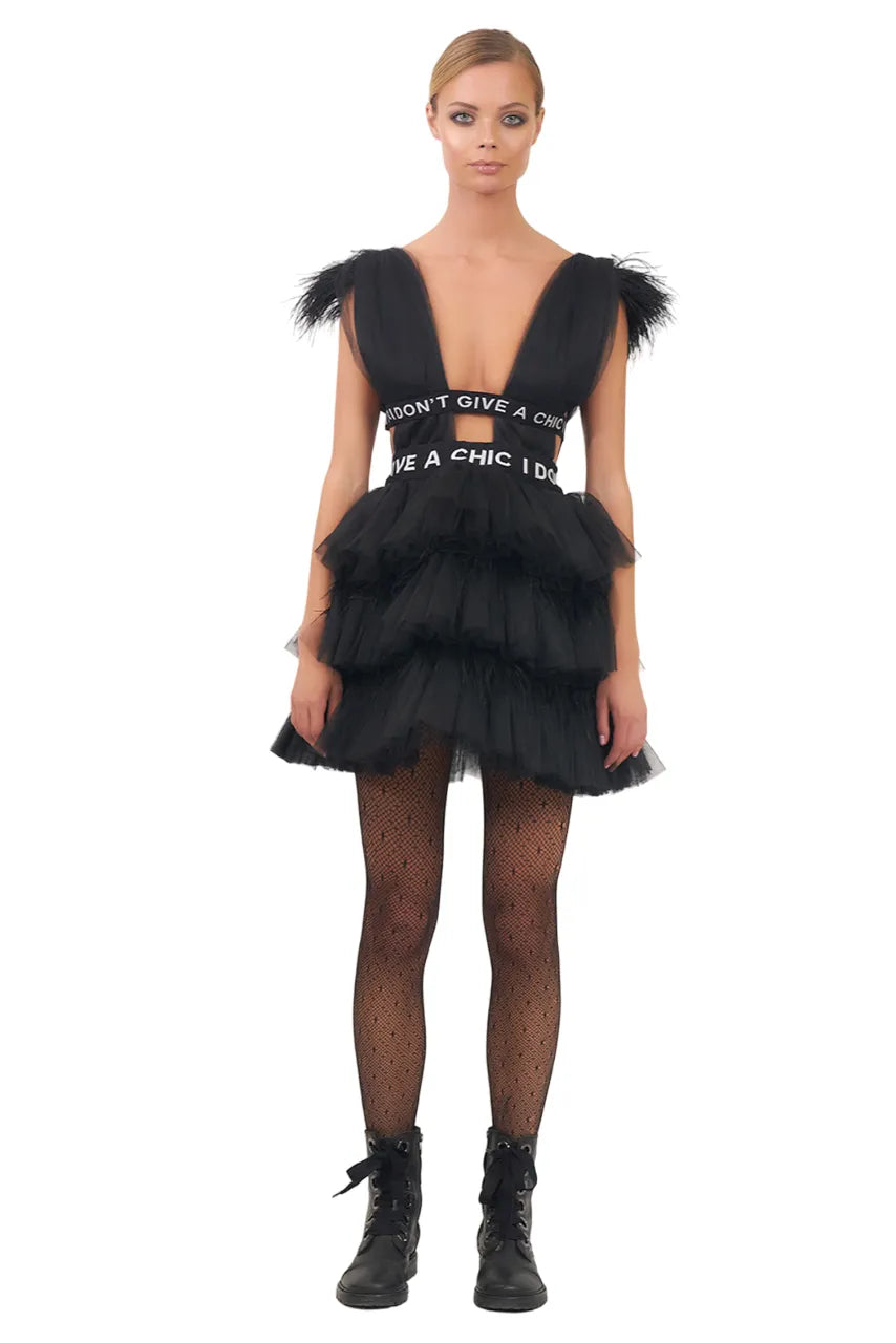 Tulle Ruffle Mini Dress In Black