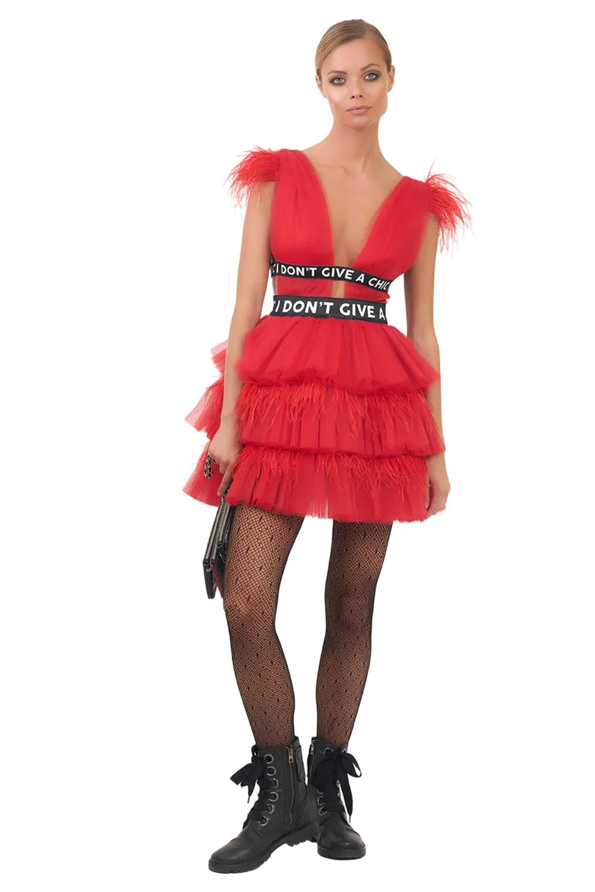 Tulle Ruffle Mini Dress In Red