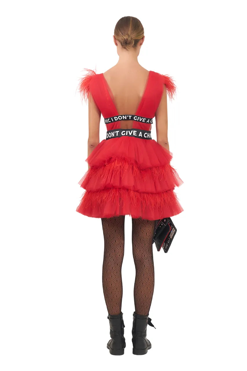 Tulle Ruffle Mini Dress In Red