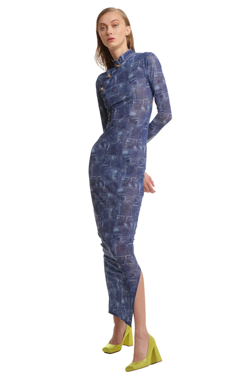 Denim Pocket Net Long Cheong Sam