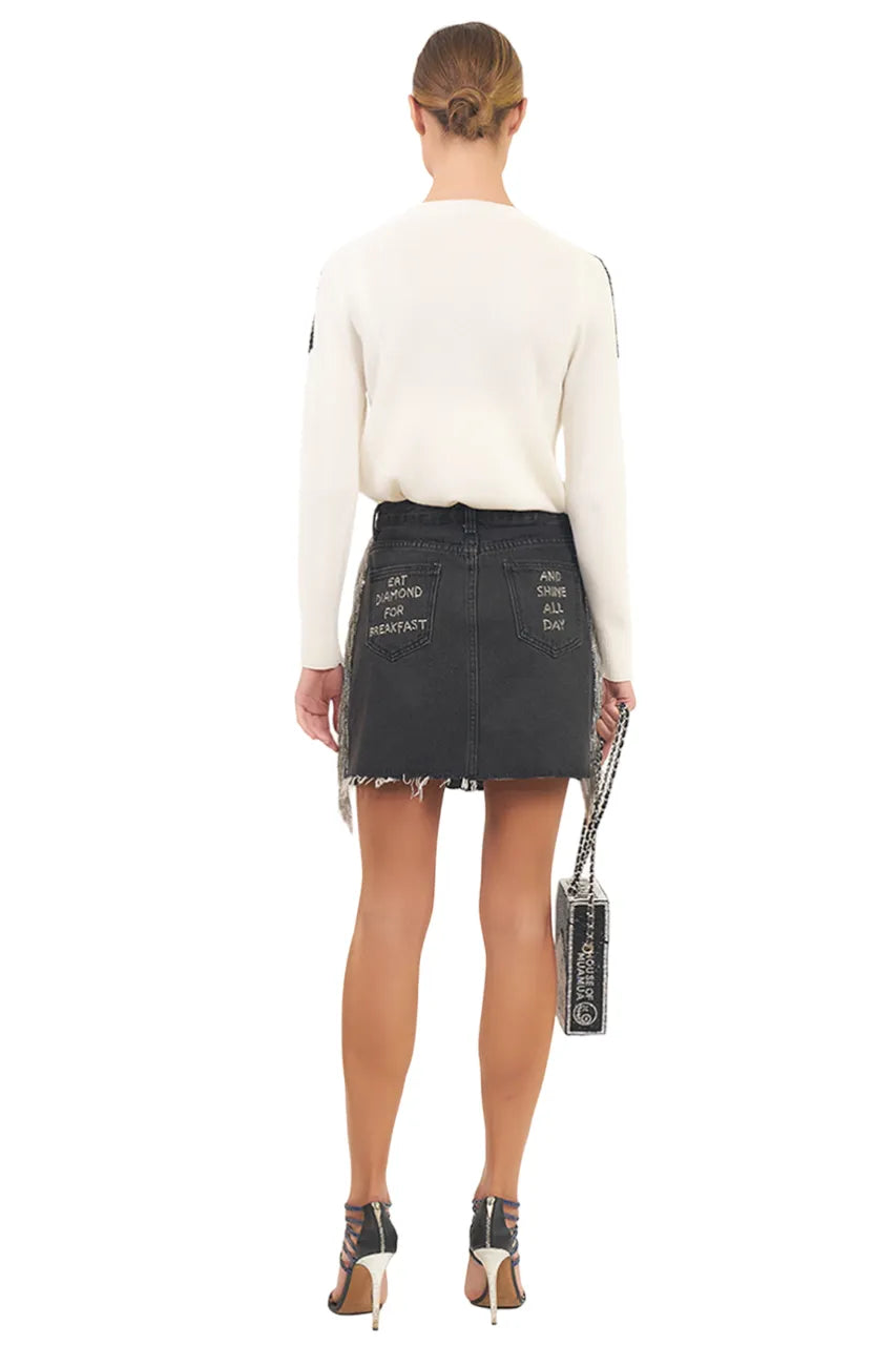 Rhinstone Fringe Denim Mini Skirt
