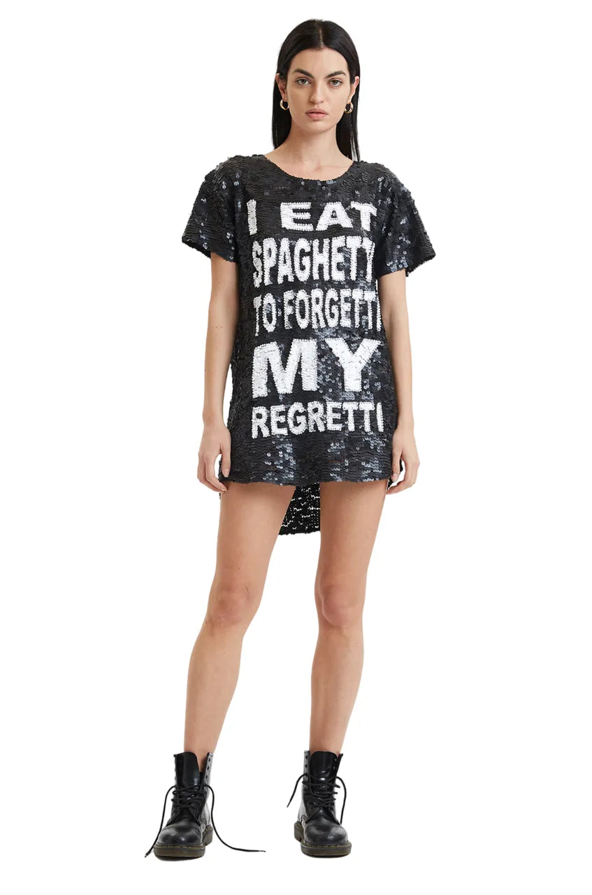 I Eat Spaghetti To Forgetti My Regretti Sequin Maxi Tee Dress