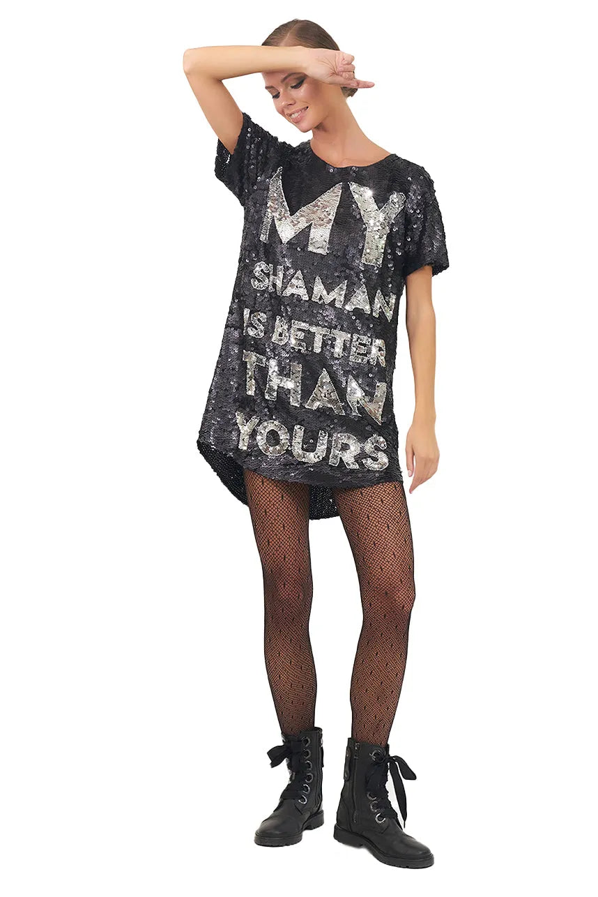 My Shaman Is Better Than Yours Sequin Maxi Tee Dress | House of Mua Mua XS / Black My Shaman Is Better Than Yours Sequin Maxi Tee Dress | House of Mua Mua XS / Black