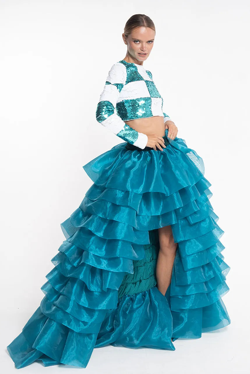 Turquoise Silk Organdy Hi Low Maxi Ruffle Skirt