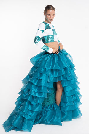 Turquoise Organdy Hi Low Ruffle Long Skirt - Pre order