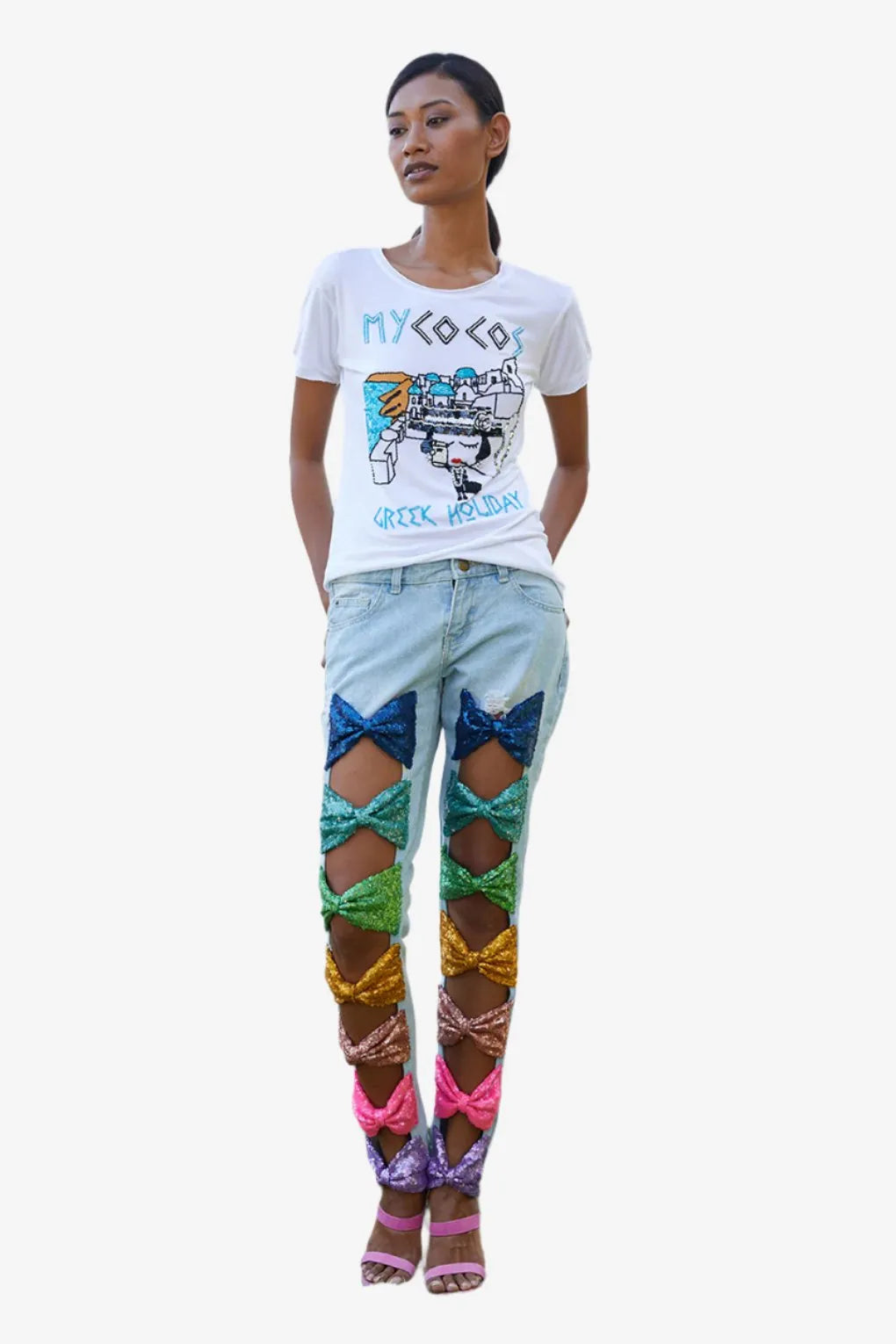 Rainbow Bow Ties Denim Pants