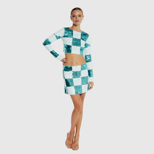 Checker Sequin Crop Top Turquoise White Pre Order
