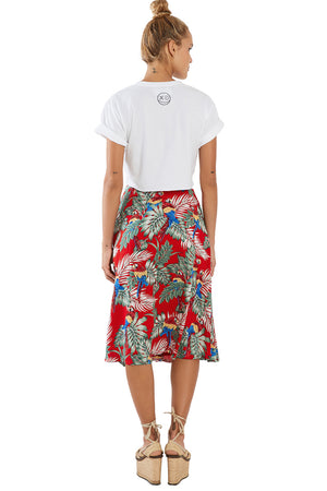 Red Parrot print Cotton A-line Skirt