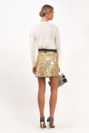 Gold Sequin Denim Mini Skirt